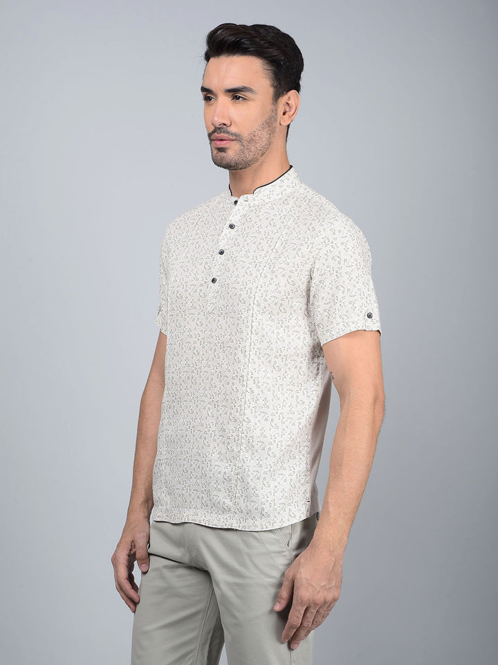 Beige Printed Linen Kurta-Men Kurtas-Crimsoune Club