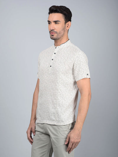 Beige Printed Linen Kurta-Men Kurtas-Crimsoune Club
