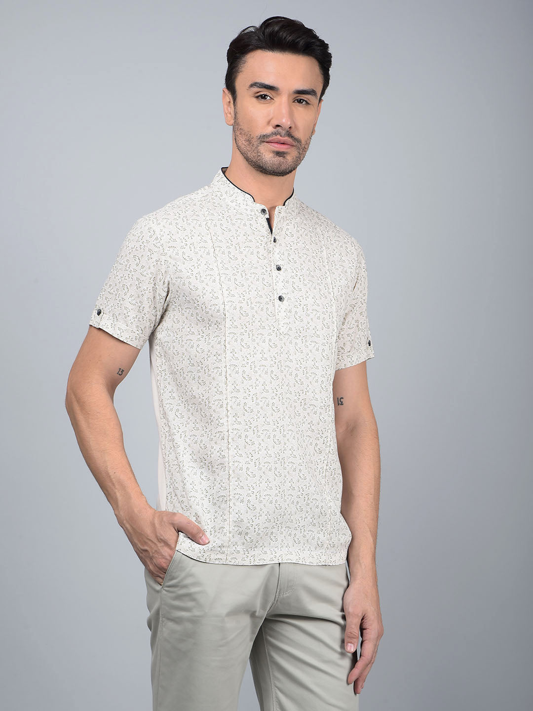Beige Printed Linen Kurta-Men Kurtas-Crimsoune Club