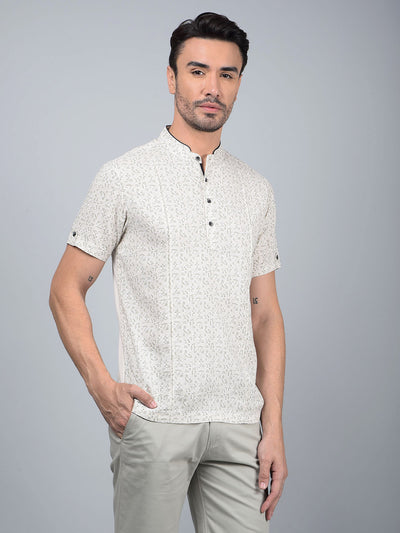 Beige Printed Linen Kurta-Men Kurtas-Crimsoune Club