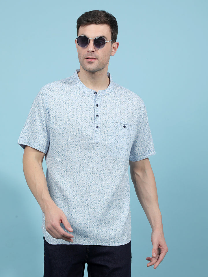 Blue Printed Linen Kurta-Men Kurtas-Crimsoune Club
