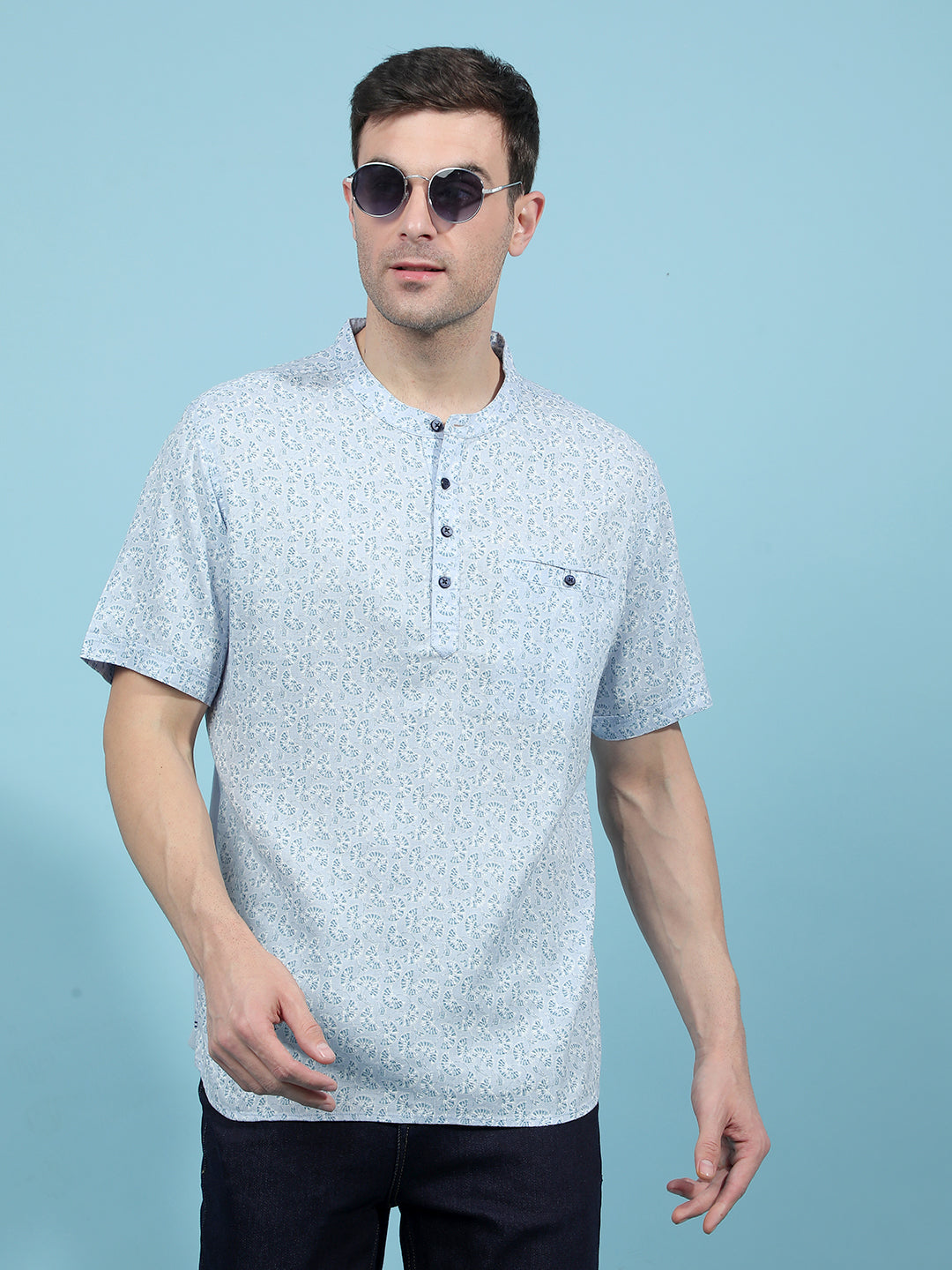 Blue Printed Linen Kurta-Men Kurtas-Crimsoune Club