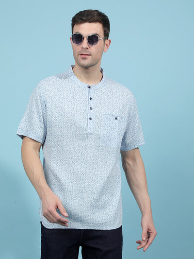 Blue Printed Linen Kurta-Men Kurtas-Crimsoune Club