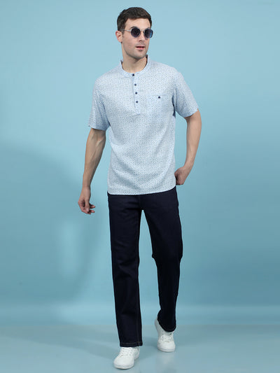 Blue Printed Linen Kurta-Men Kurtas-Crimsoune Club
