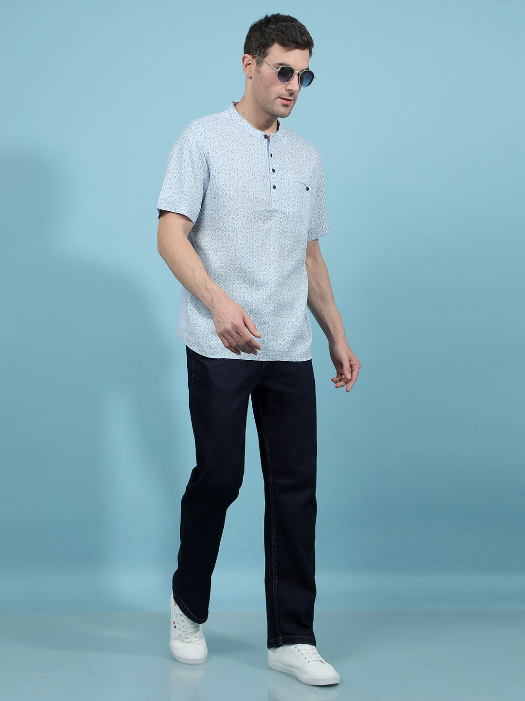 Blue Printed Linen Kurta-Men Kurtas-Crimsoune Club