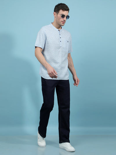 Blue Printed Linen Kurta-Men Kurtas-Crimsoune Club
