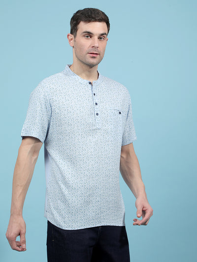 Blue Printed Linen Kurta-Men Kurtas-Crimsoune Club