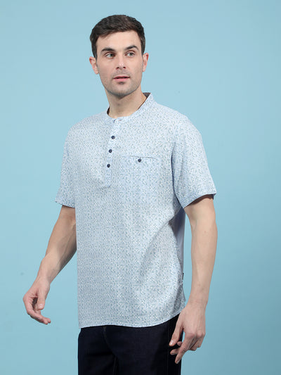 Blue Printed Linen Kurta-Men Kurtas-Crimsoune Club