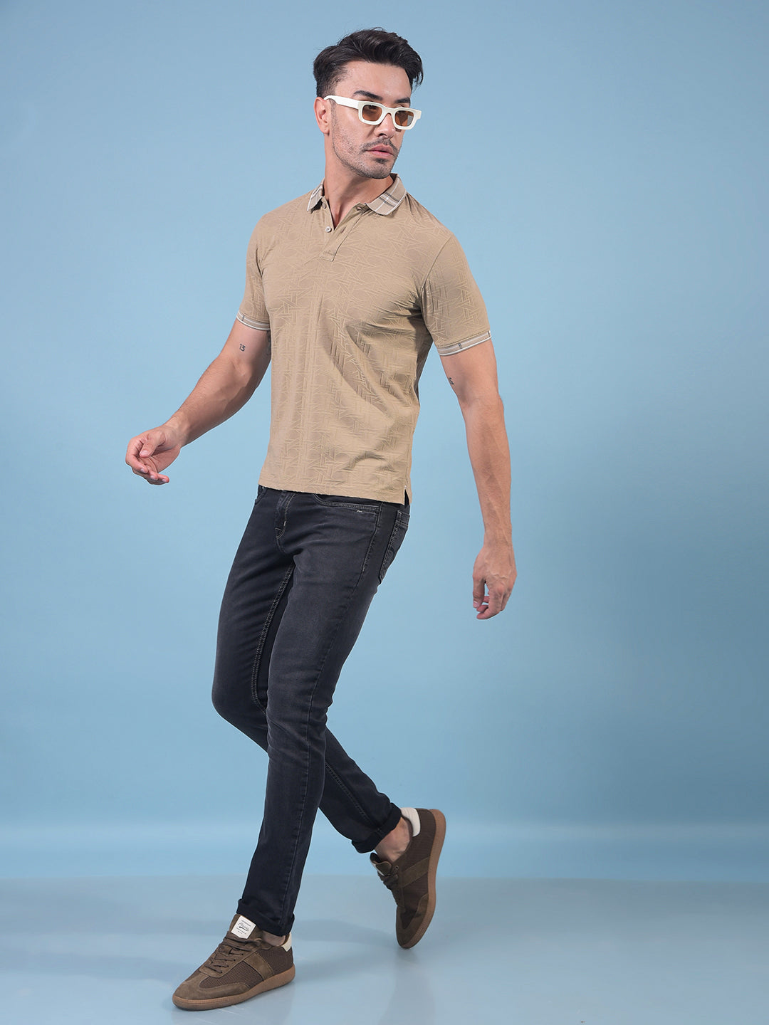 Beige Printed Polo Neck T-Shirt-Men T-Shirts-Crimsoune Club