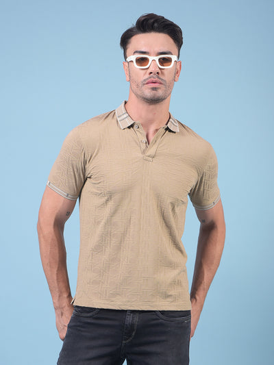 Beige Printed Polo Neck T-Shirt-Men T-Shirts-Crimsoune Club