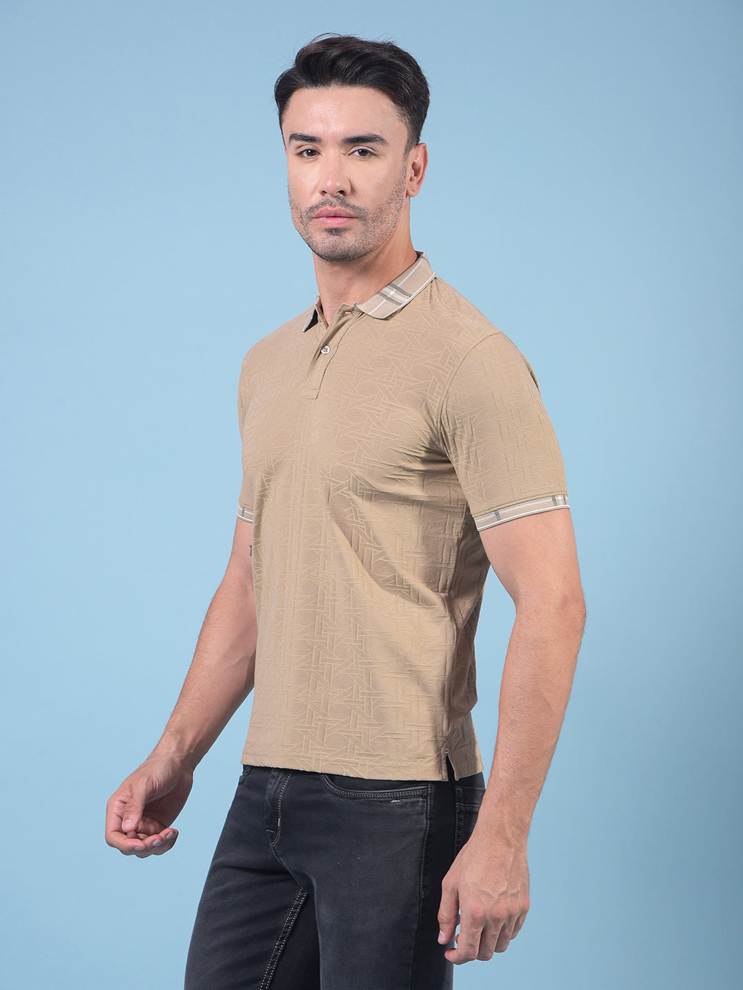 Beige Printed Polo Neck T-Shirt-Men T-Shirts-Crimsoune Club