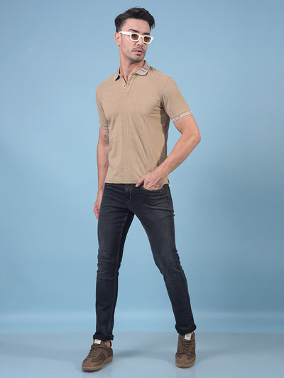 Beige Printed Polo Neck T-Shirt-Men T-Shirts-Crimsoune Club