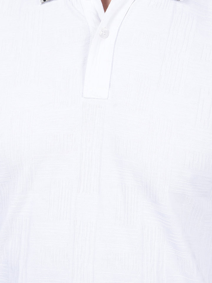 White Jacquard Polo Neck T-Shirt-Men T-Shirts-Crimsoune Club
