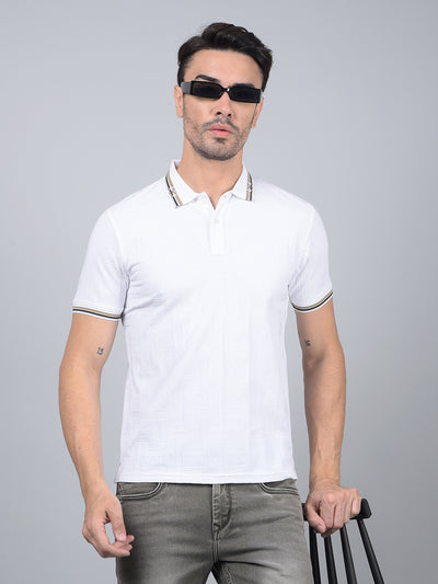 White Jacquard Polo Neck T-Shirt-Men T-Shirts-Crimsoune Club