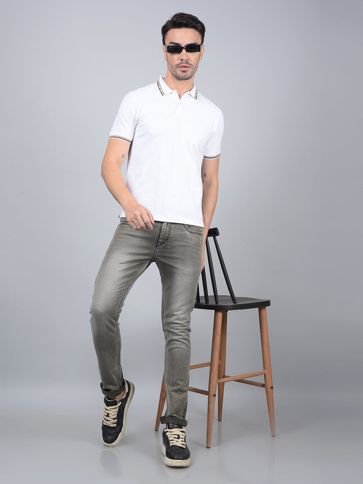 White Jacquard Polo Neck T-Shirt-Men T-Shirts-Crimsoune Club