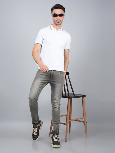 White Jacquard Polo Neck T-Shirt-Men T-Shirts-Crimsoune Club