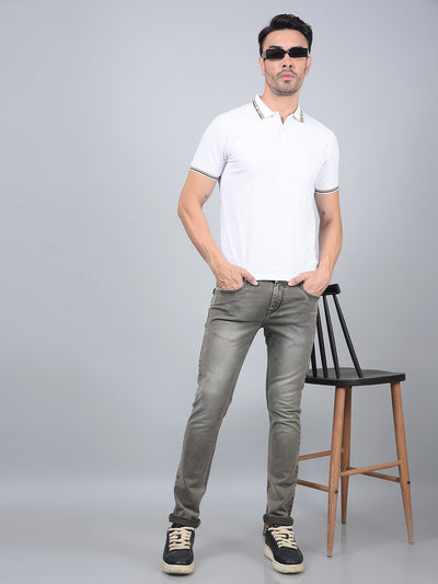 White Jacquard Polo Neck T-Shirt-Men T-Shirts-Crimsoune Club