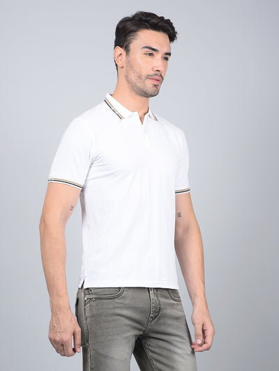 White Jacquard Polo Neck T-Shirt-Men T-Shirts-Crimsoune Club