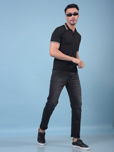 Black Jacquard Polo Neck T-Shirt-Men T-Shirts-Crimsoune Club