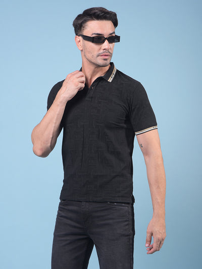 Black Jacquard Polo Neck T-Shirt-Men T-Shirts-Crimsoune Club