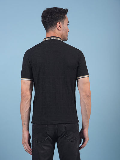Black Jacquard Polo Neck T-Shirt-Men T-Shirts-Crimsoune Club