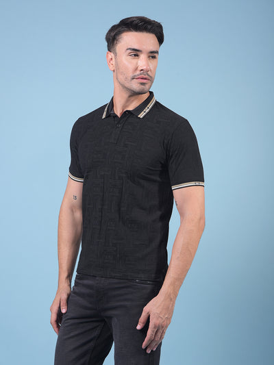 Black Jacquard Polo Neck T-Shirt-Men T-Shirts-Crimsoune Club