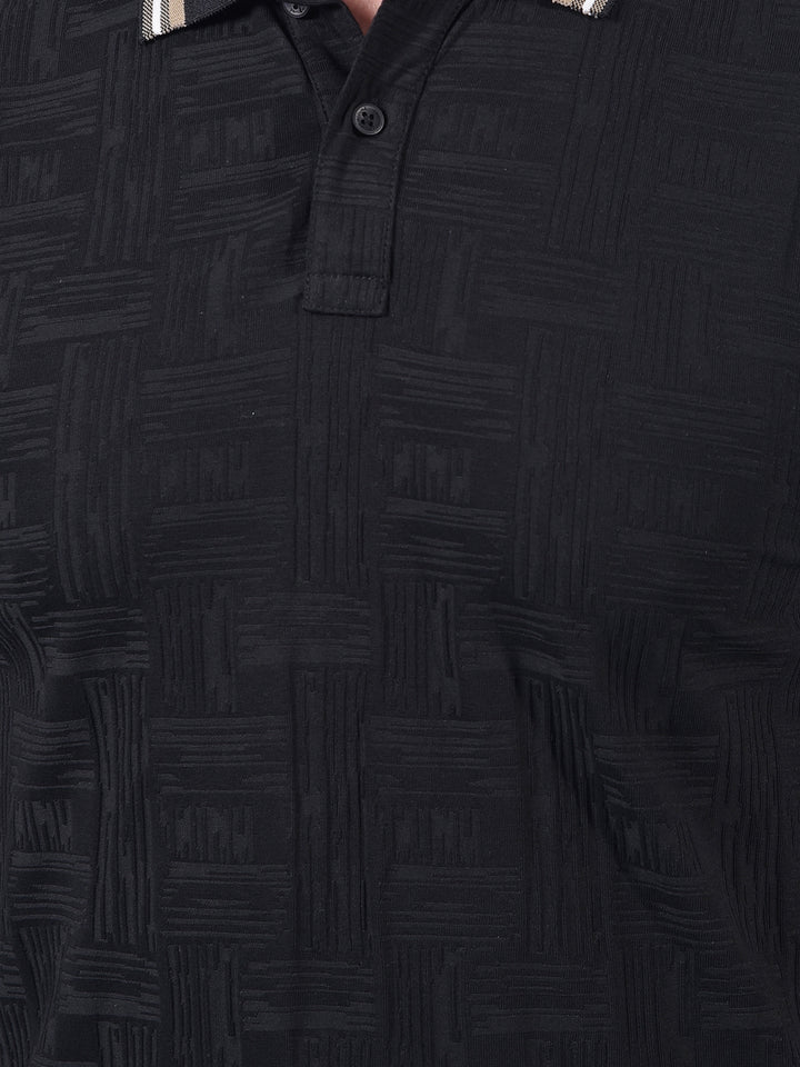 Black Jacquard Polo Neck T-Shirt-Men T-Shirts-Crimsoune Club