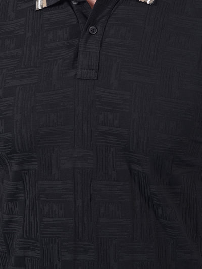 Black Jacquard Polo Neck T-Shirt-Men T-Shirts-Crimsoune Club