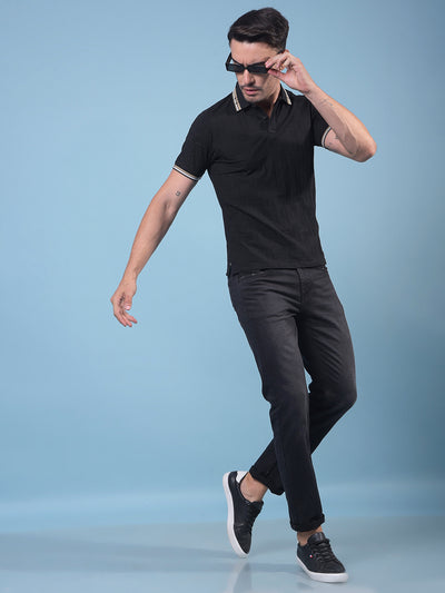 Black Jacquard Polo Neck T-Shirt-Men T-Shirts-Crimsoune Club
