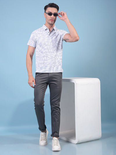 Grey Printed Polo Neck T-Shirt-Men T-Shirts-Crimsoune Club