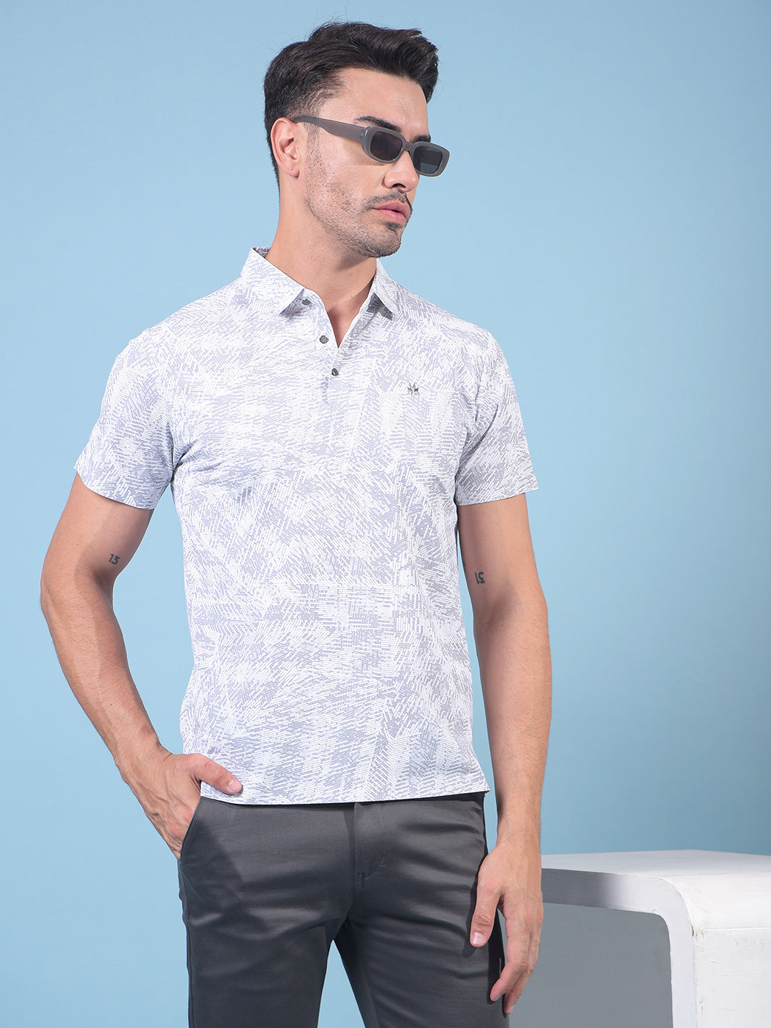 Grey Printed Polo Neck T-Shirt-Men T-Shirts-Crimsoune Club