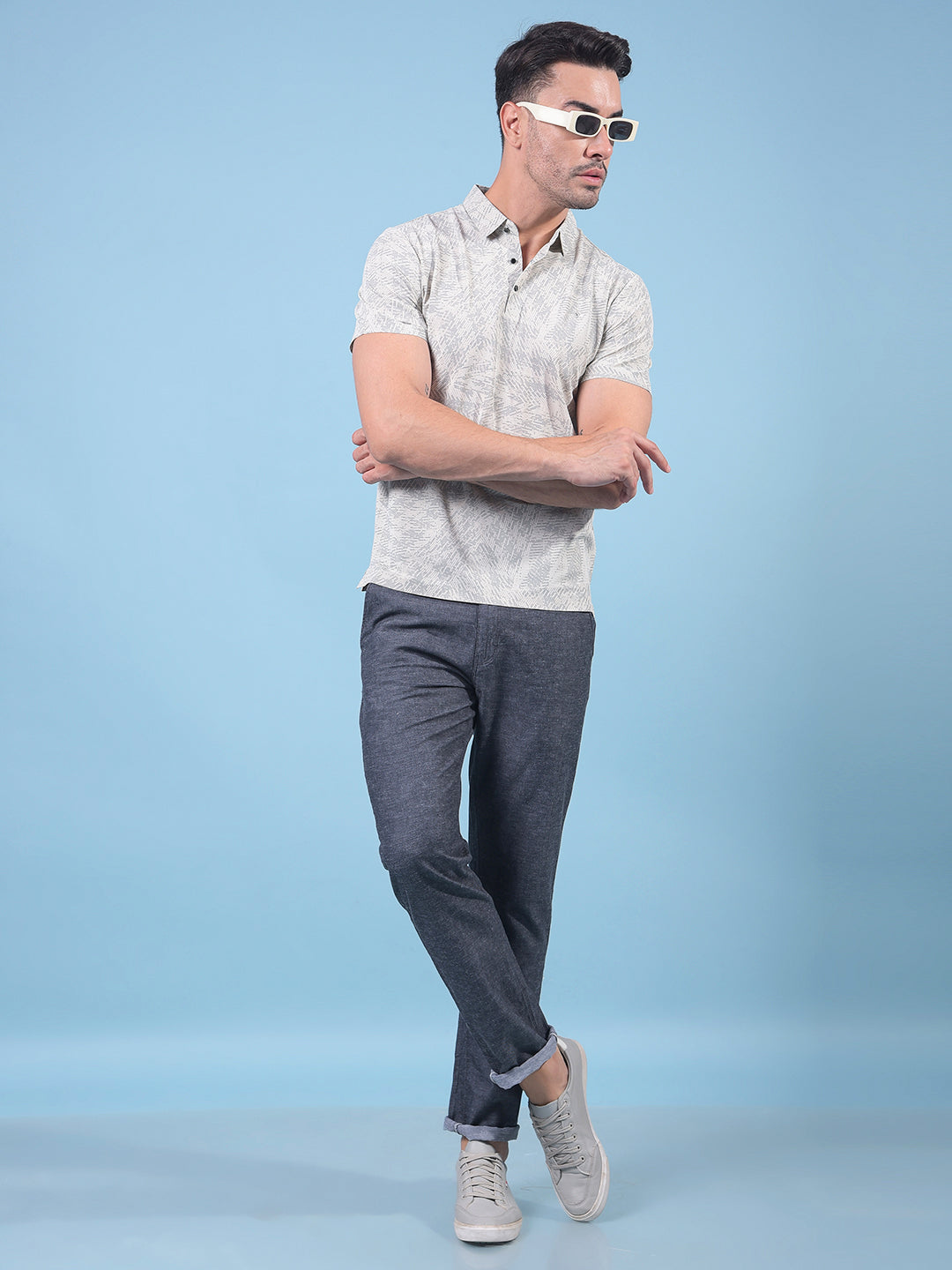 Beige Printed Polo Neck T-Shirt-Men T-Shirts-Crimsoune Club