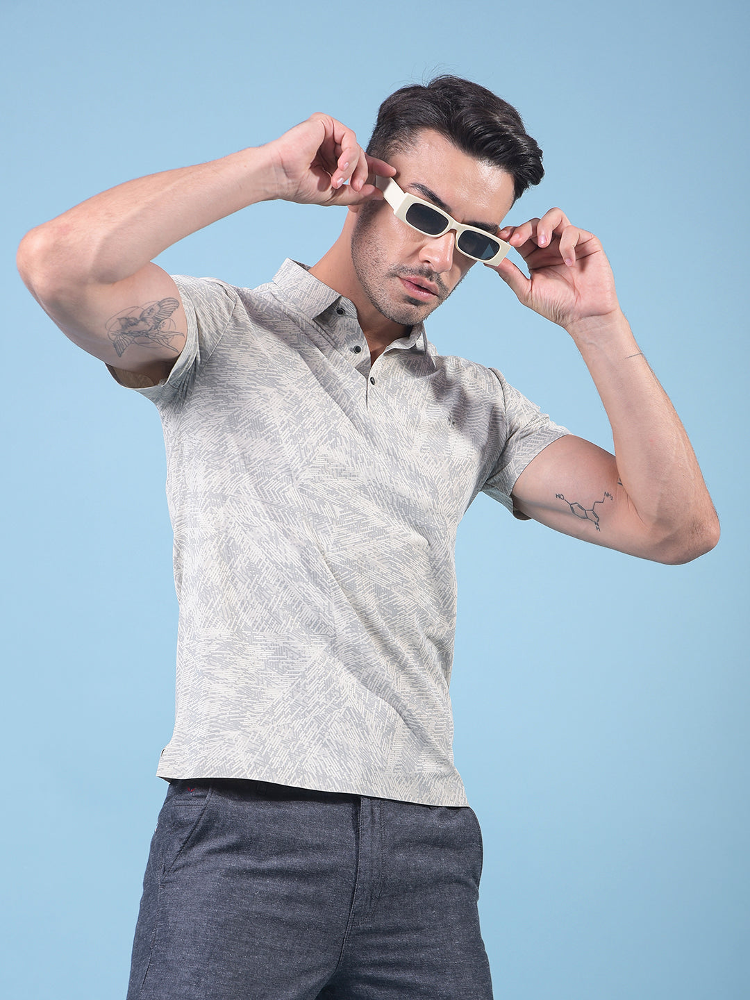 Beige Printed Polo Neck T-Shirt-Men T-Shirts-Crimsoune Club