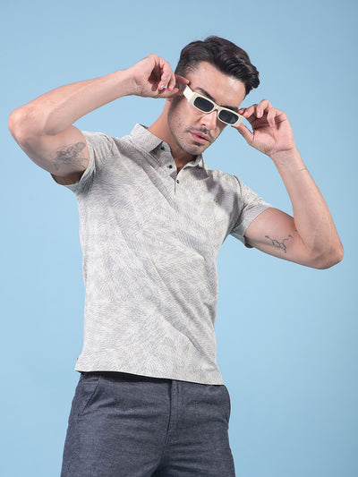 Beige Printed Polo Neck T-Shirt-Men T-Shirts-Crimsoune Club