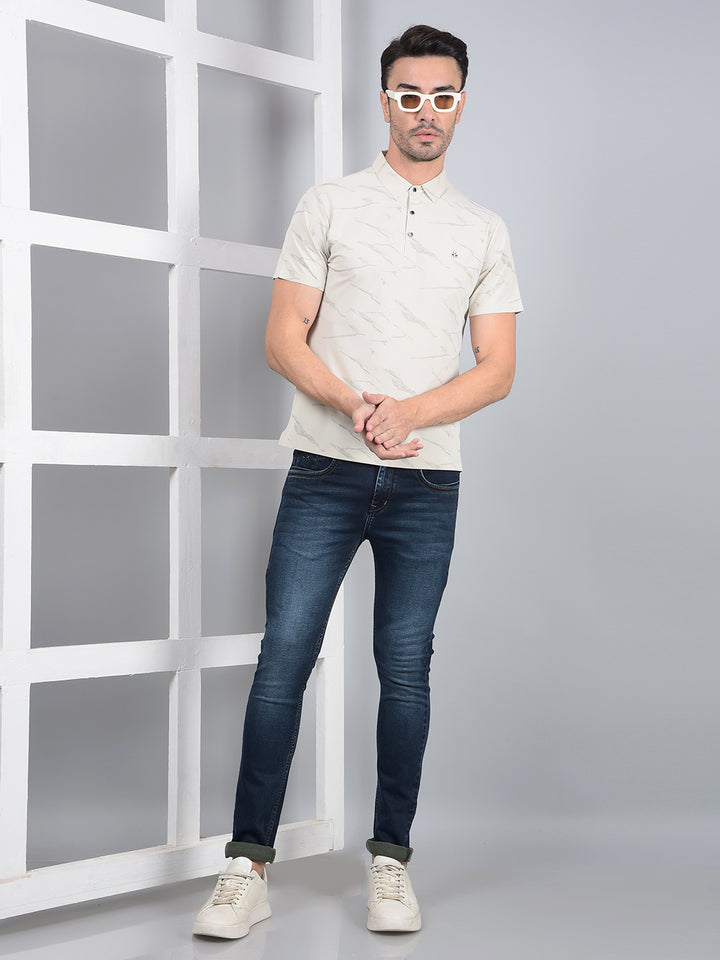 Cream Printed Polo Neck T-Shirt-Men T-Shirts-Crimsoune Club