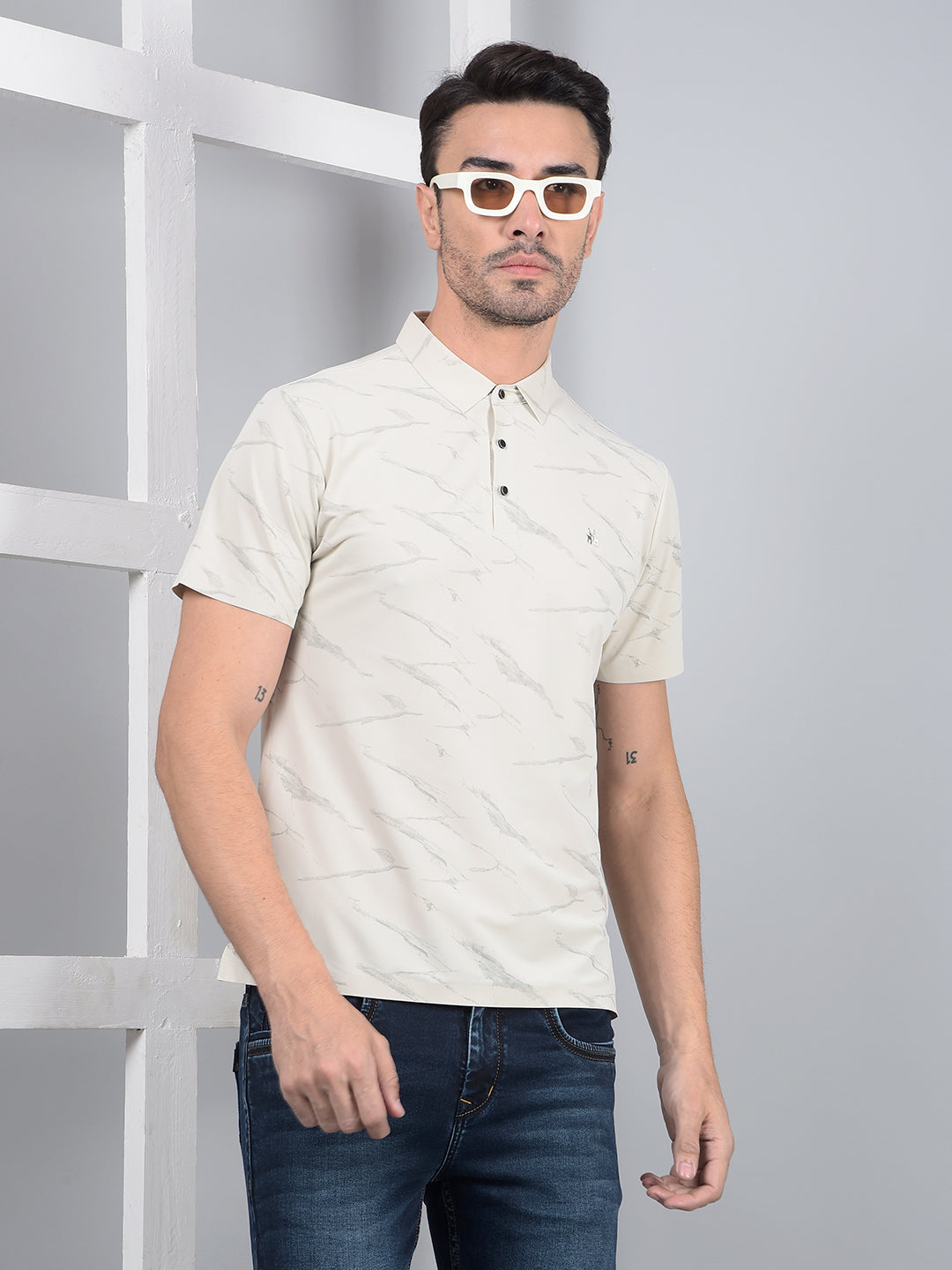Cream Printed Polo Neck T-Shirt-Men T-Shirts-Crimsoune Club