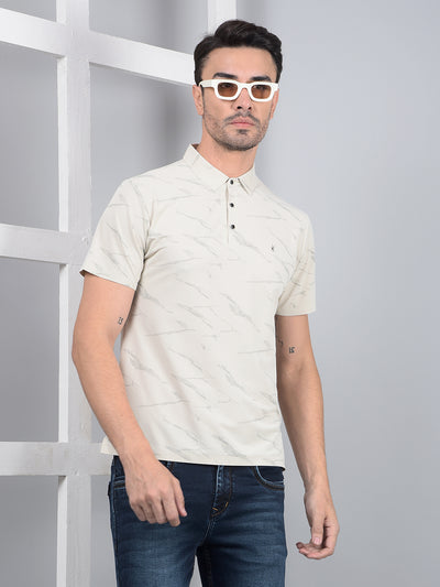 Cream Printed Polo Neck T-Shirt-Men T-Shirts-Crimsoune Club