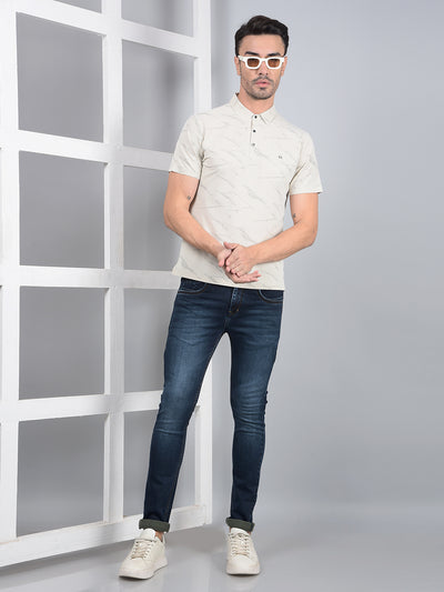 Cream Printed Polo Neck T-Shirt-Men T-Shirts-Crimsoune Club