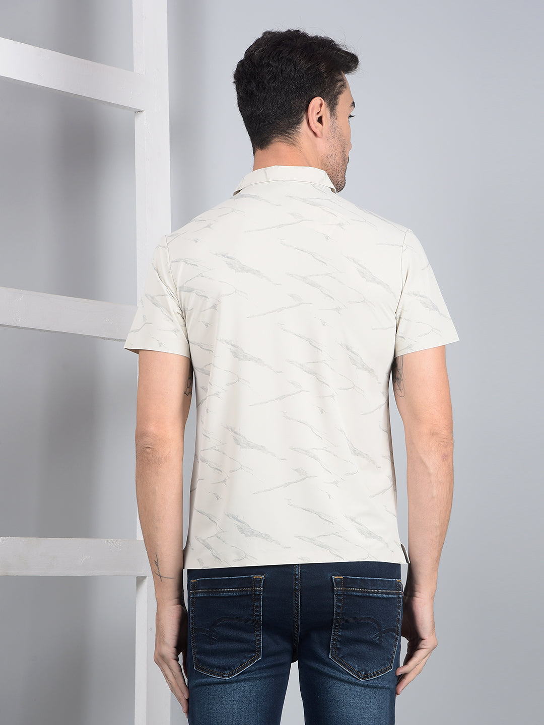 Cream Printed Polo Neck T-Shirt-Men T-Shirts-Crimsoune Club