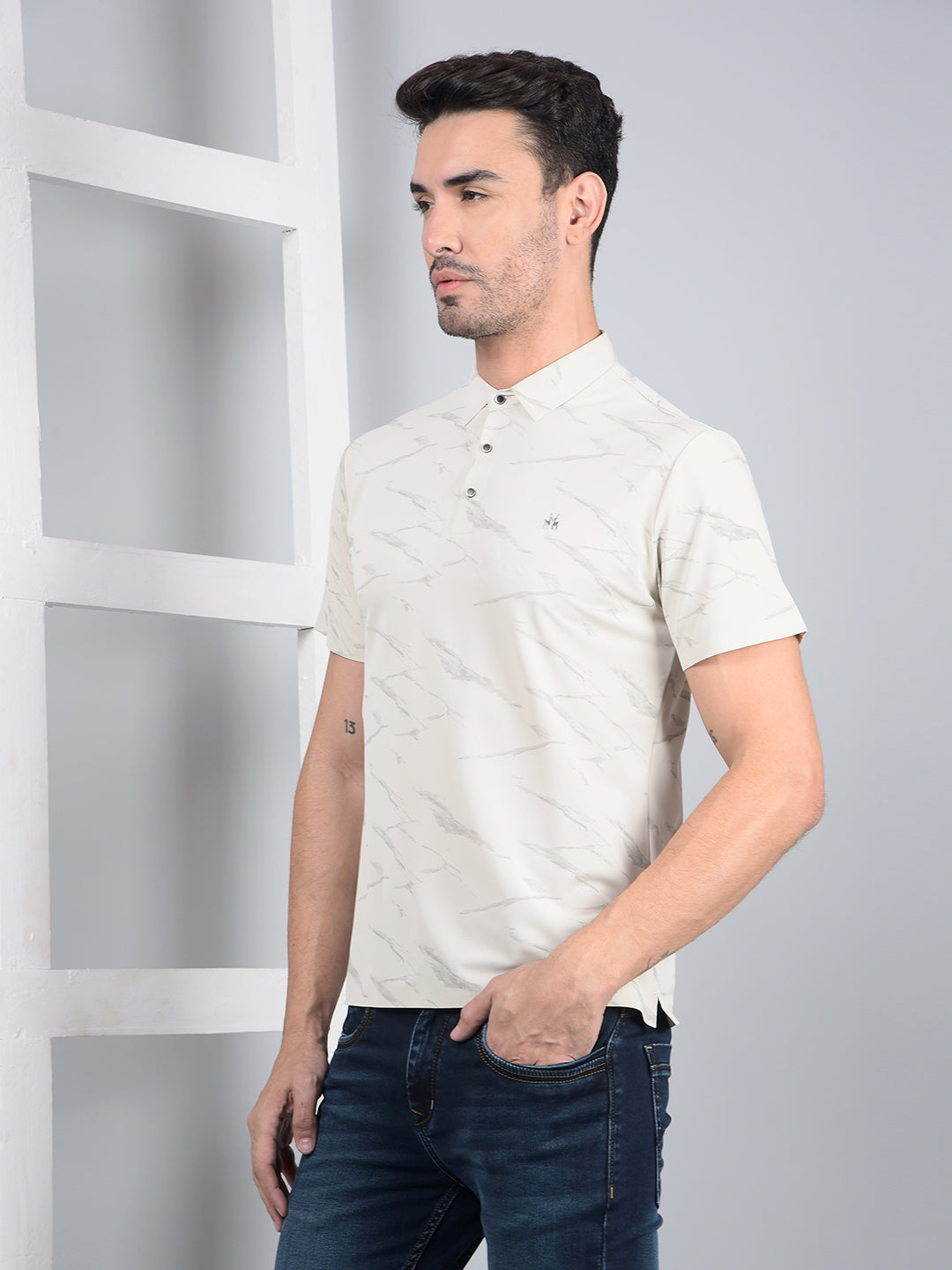 Cream Printed Polo Neck T-Shirt-Men T-Shirts-Crimsoune Club