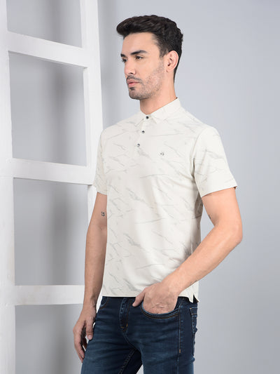 Cream Printed Polo Neck T-Shirt-Men T-Shirts-Crimsoune Club
