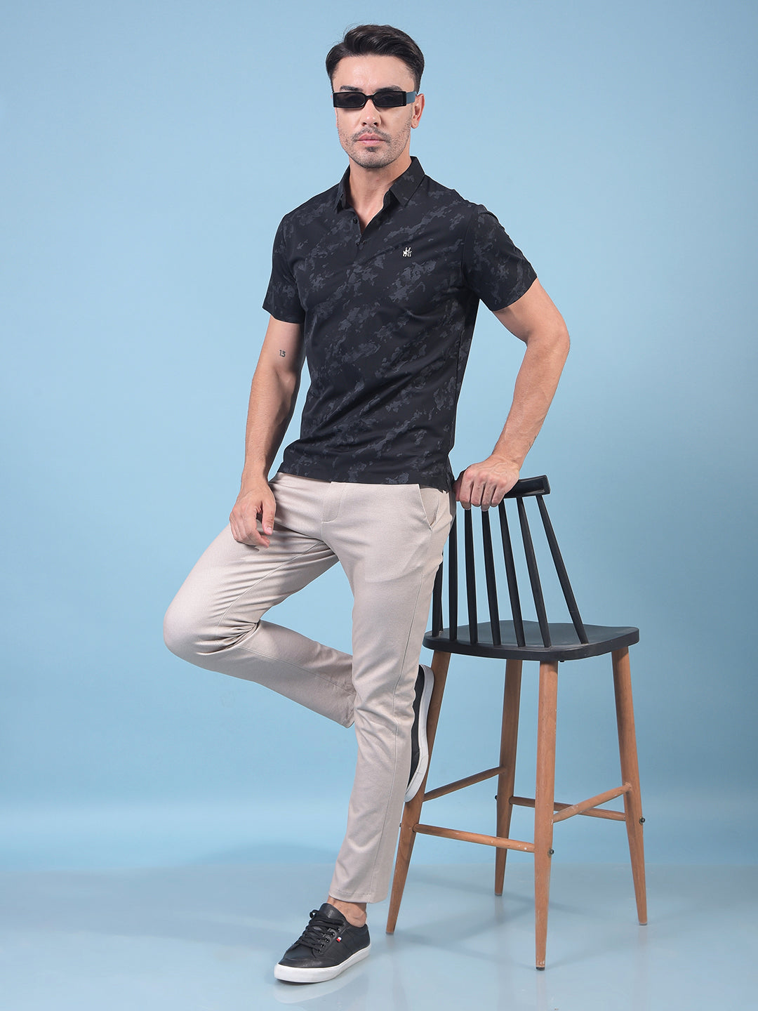 Black Printed Polo Neck T-Shirt-Men T-Shirts-Crimsoune Club