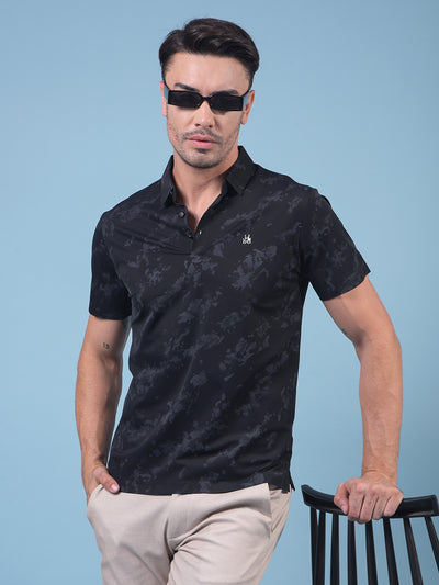Black Printed Polo Neck T-Shirt-Men T-Shirts-Crimsoune Club
