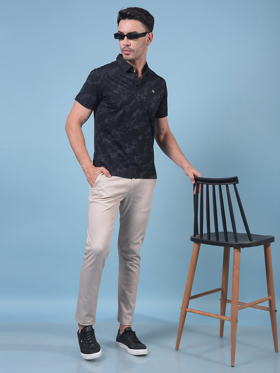 Black Printed Polo Neck T-Shirt-Men T-Shirts-Crimsoune Club