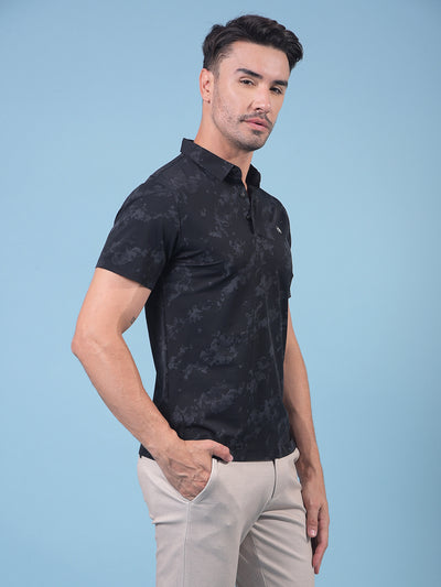 Black Printed Polo Neck T-Shirt-Men T-Shirts-Crimsoune Club