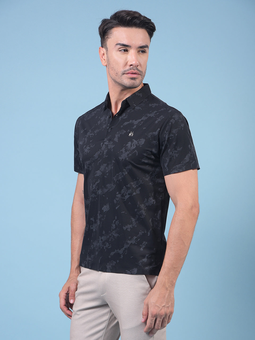 Black Printed Polo Neck T-Shirt-Men T-Shirts-Crimsoune Club