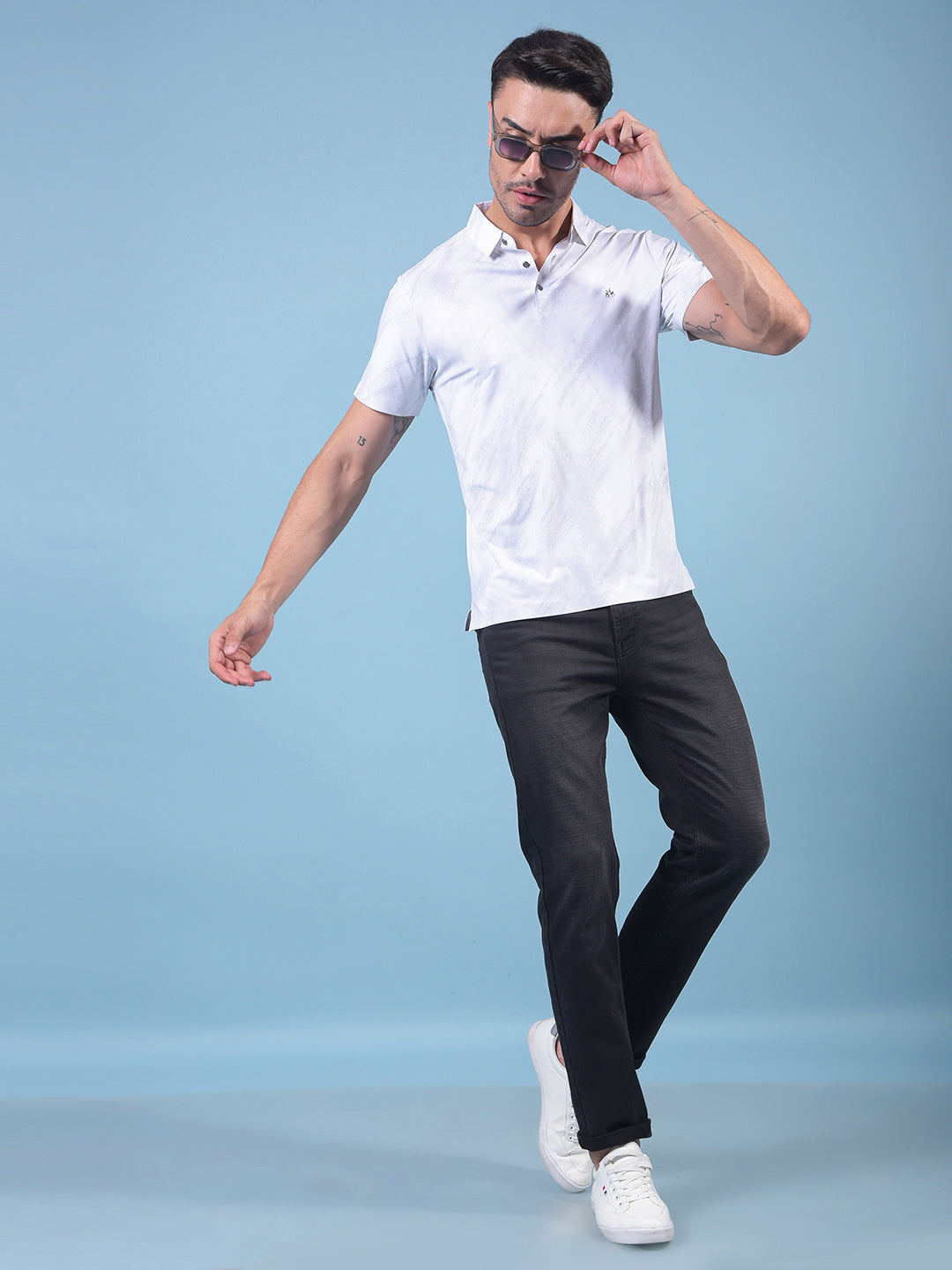 White Printed Polo Neck T-Shirt-Men T-Shirts-Crimsoune Club