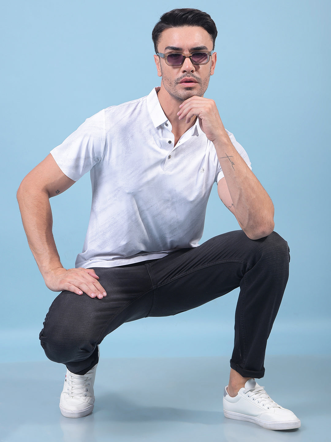 White Printed Polo Neck T-Shirt-Men T-Shirts-Crimsoune Club