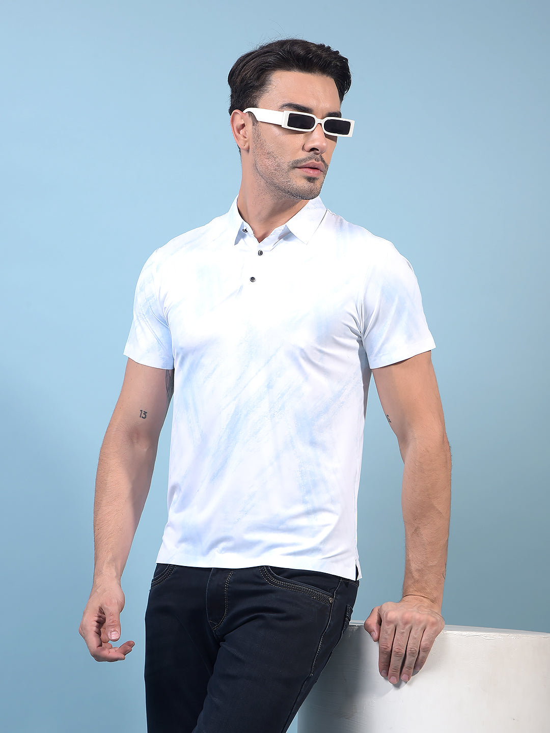 Men's Blue Printed Polo Neck T-Shirt-Men T-Shirts-Crimsoune Club