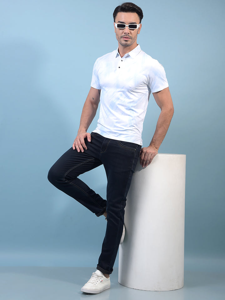 Men's Blue Printed Polo Neck T-Shirt-Men T-Shirts-Crimsoune Club